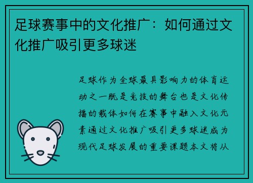 足球赛事中的文化推广：如何通过文化推广吸引更多球迷