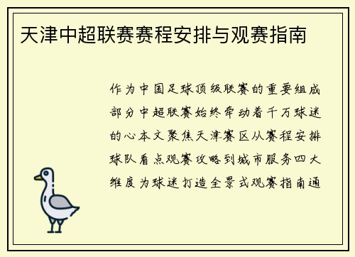 天津中超联赛赛程安排与观赛指南