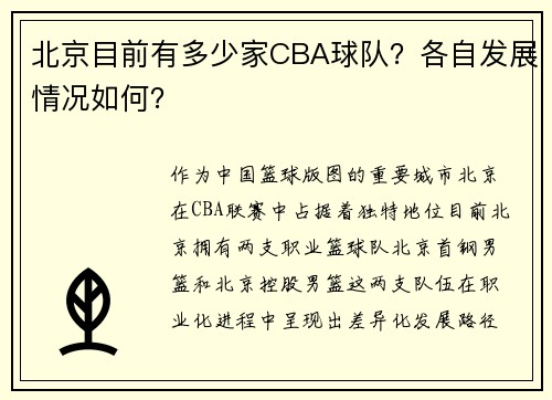北京目前有多少家CBA球队？各自发展情况如何？