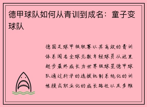 德甲球队如何从青训到成名：童子变球队